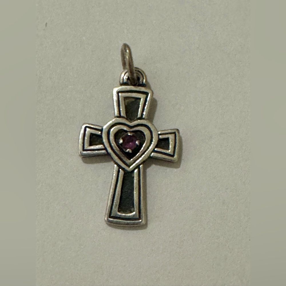 James Avery Silver Cross Pendant with Heart and Amethyst Stone - Picture 3 of 3